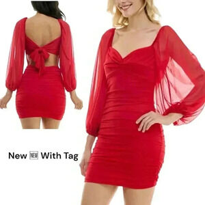 B. Darling Red Ruched Bodycon Mini Dress Sheer Sleeves Juniors sz 11